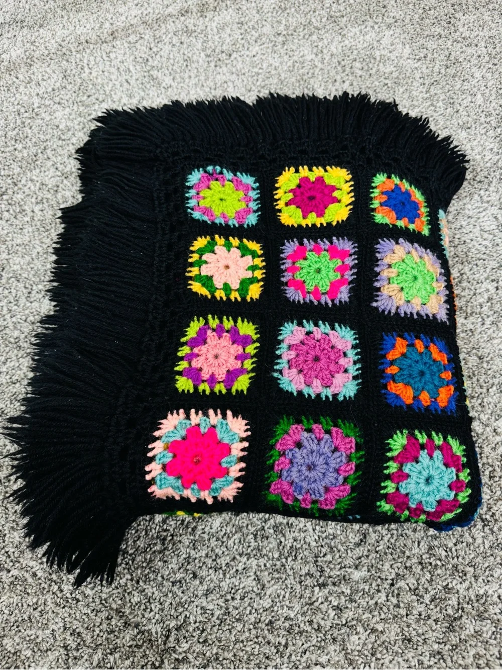 Vintage Granny square blanket black multicolor wool tight weave fringe trim EUC